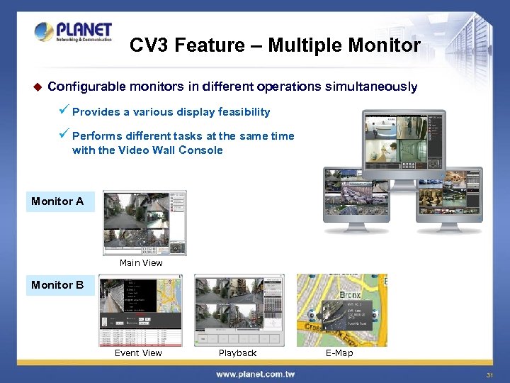 CV 3 Feature – Multiple Monitor u Configurable monitors in different operations simultaneously ü