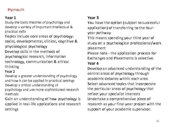 Plymouth Year 1 Study the basic theories of psychology and develop a variety of