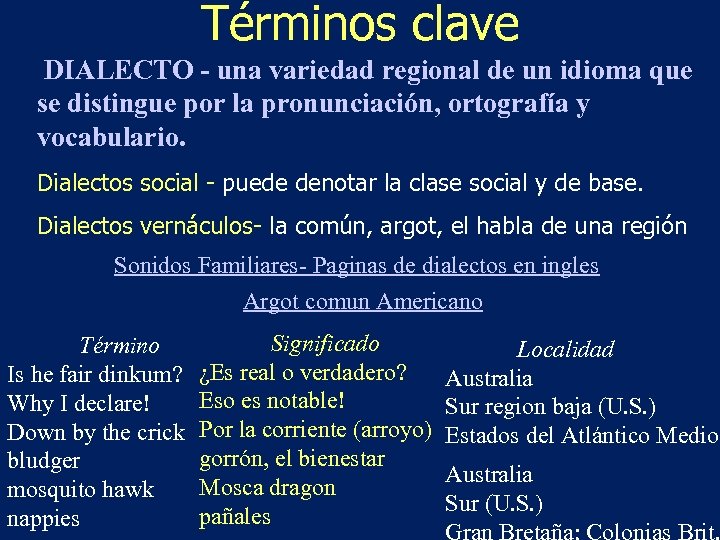 Términos clave DIALECTO - una variedad regional de un idioma que se distingue por