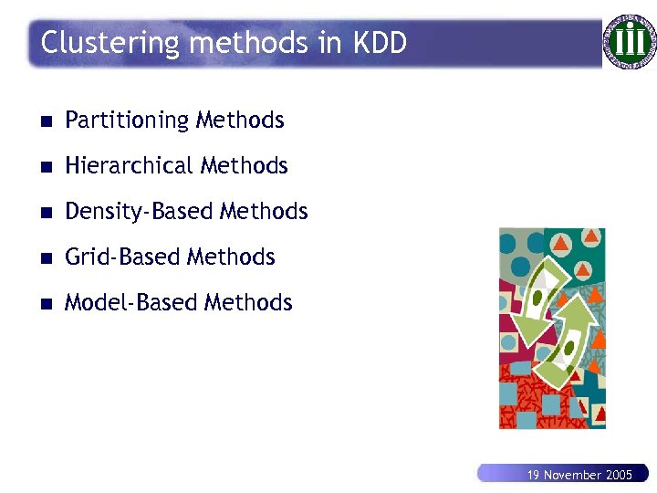 Clustering methods in KDD n Partitioning Methods n Hierarchical Methods n Density-Based Methods n