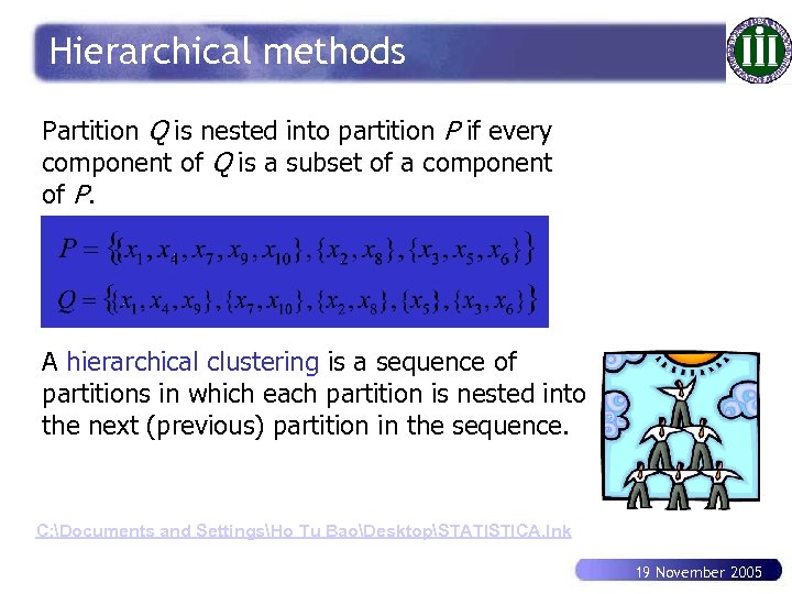 Hierarchical methods Partition Q is nested into partition P if every component of Q