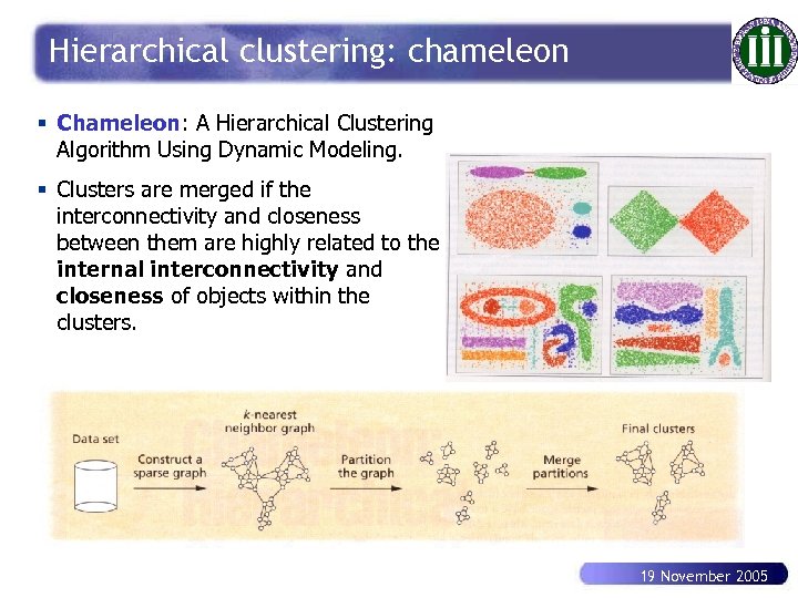 Hierarchical clustering: chameleon § Chameleon: A Hierarchical Clustering Algorithm Using Dynamic Modeling. § Clusters