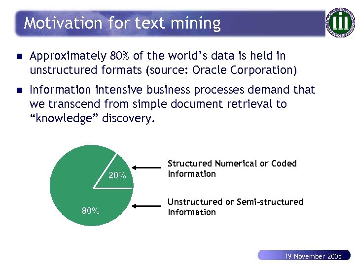 Motivation for text mining n Approximately 80% of the world’s data is held in