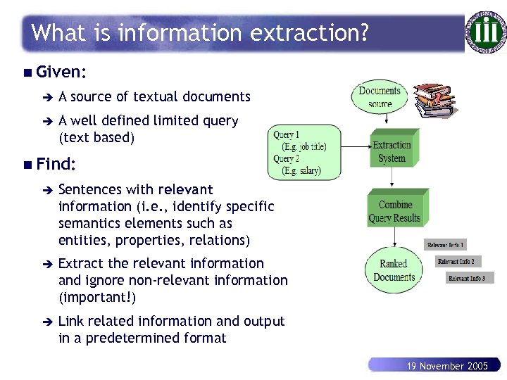 What is information extraction? n Given: è A source of textual documents è A