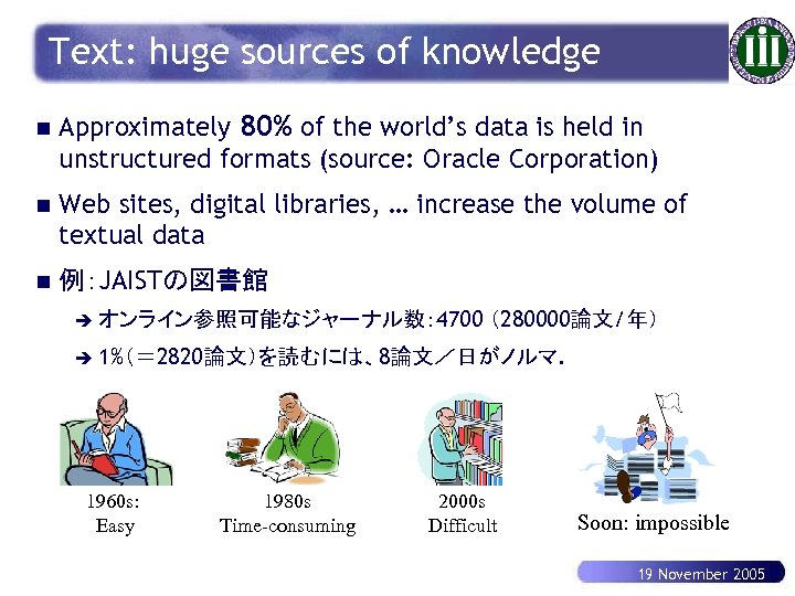 Text: huge sources of knowledge n Approximately 80% of the world’s data is held