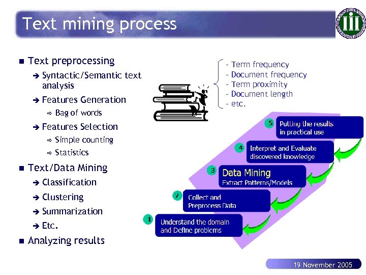 Text mining process n Text preprocessing è Syntactic/Semantic analysis è Features ð Generation Bag