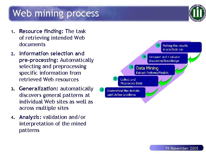 Web mining process 1. Resource finding: The task of retrieving intended Web documents 2.