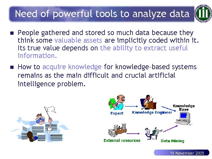 Need of powerful tools to analyze data n People gathered and stored so much