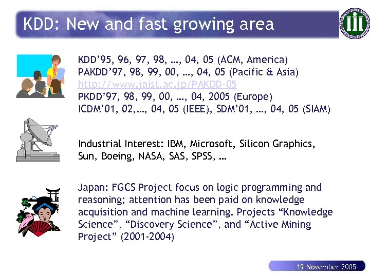 KDD: New and fast growing area KDD’ 95, 96, 97, 98, …, 04, 05