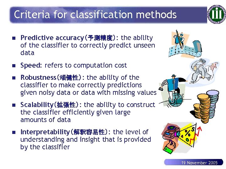 Criteria for classification methods n Predictive accuracy（予測精度）: the ability of the classifier to correctly