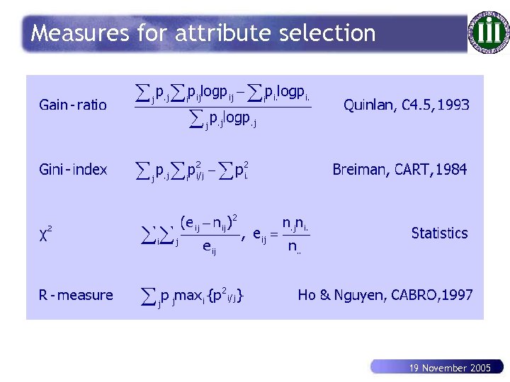 Measures for attribute selection 19 November 2005 