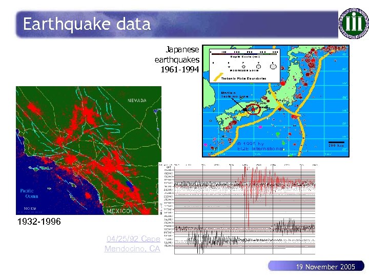 Earthquake data Japanese earthquakes 1961 -1994 1932 -1996 04/25/92 Cape Mendocino, CA 19 November