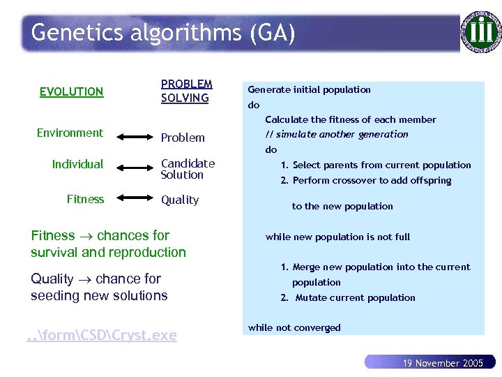 Genetics algorithms (GA) EVOLUTION PROBLEM SOLVING Generate initial population do Calculate the fitness of