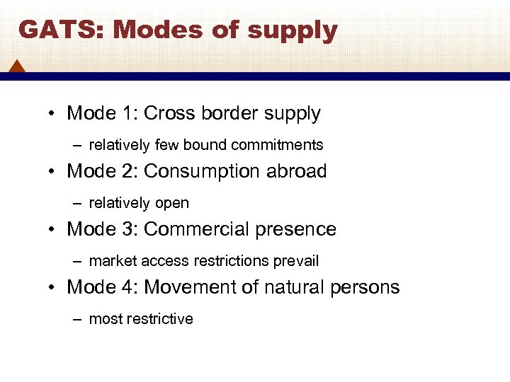 GATS: Modes of supply • Mode 1: Cross border supply – relatively few bound