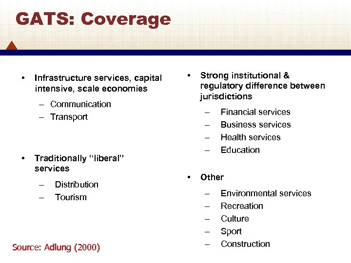 GATS: Coverage • Infrastructure services, capital intensive, scale economies • – Communication – Transport