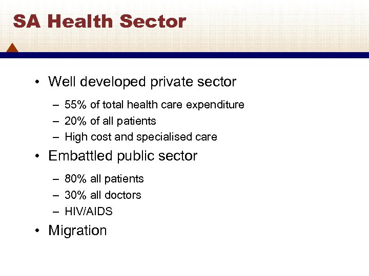 SA Health Sector • Well developed private sector – 55% of total health care