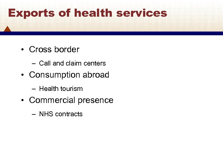 Exports of health services • Cross border – Call and claim centers • Consumption