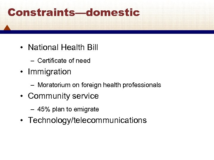 Constraints—domestic • National Health Bill – Certificate of need • Immigration – Moratorium on