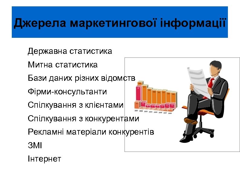 Джерела маркетингової інформації Державна статистика Митна статистика Бази даних різних відомств Фірми-консультанти Спілкування з