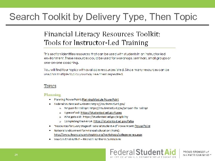 Search Toolkit by Delivery Type, Then Topic 24 
