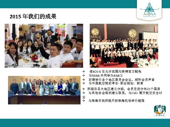 2015 年我们的成果 使ADS-B 在允许范围内获得官方豁免 与NBAA 共同举办ABACE 定期举行各个地区委员会会议，倾听会员声音 与中国航空院校学生- 职业规划、教育 积极在亚太地区建立分部，会员足迹分布23个国家 与其他协会组织建立联系，与ICAO 展开航空安全讨 论 与珠海市政府就开放珠海机场举行磋商