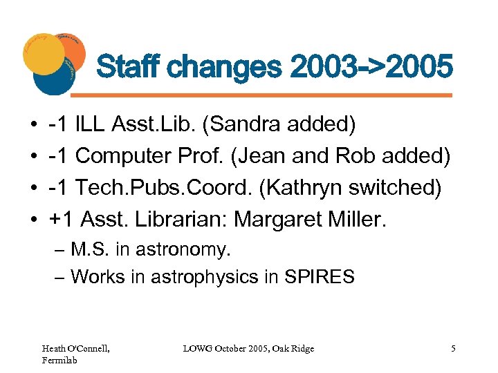Staff changes 2003 ->2005 • • -1 ILL Asst. Lib. (Sandra added) -1 Computer