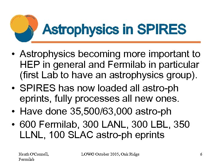 Astrophysics in SPIRES • Astrophysics becoming more important to HEP in general and Fermilab