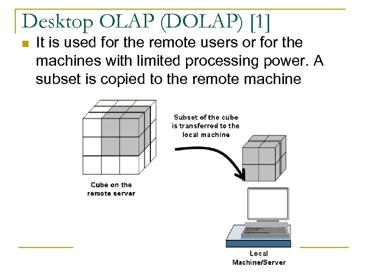 Desktop OLAP (DOLAP) [1] n It is used for the remote users or for