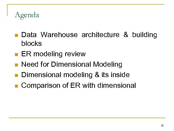 Agenda n n n Data Warehouse architecture & building blocks ER modeling review Need
