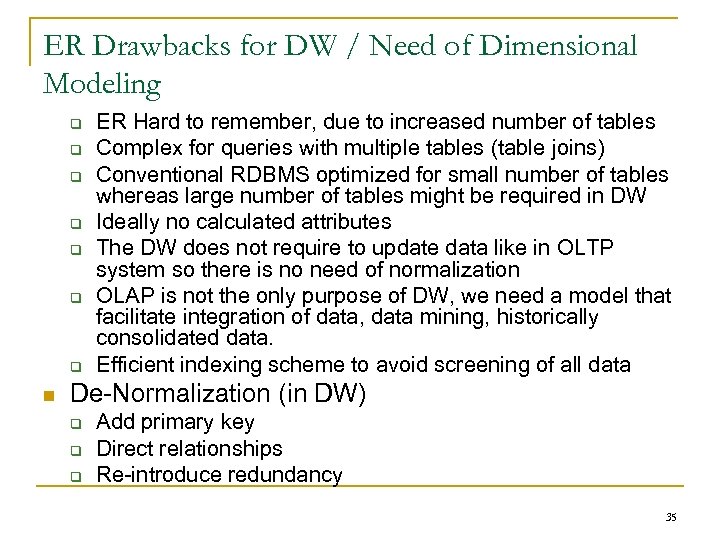 ER Drawbacks for DW / Need of Dimensional Modeling q q q q n