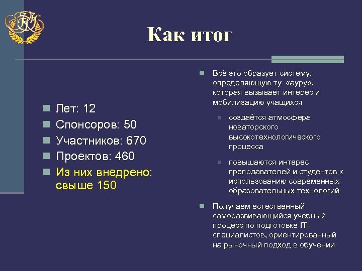 Как итог n n n Лет: 12 Спонсоров: 50 Участников: 670 Проектов: 460 Из