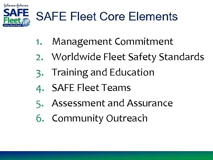 SAFE Fleet Core Elements 1. 2. 3. 4. 5. 6. Management Commitment Worldwide Fleet