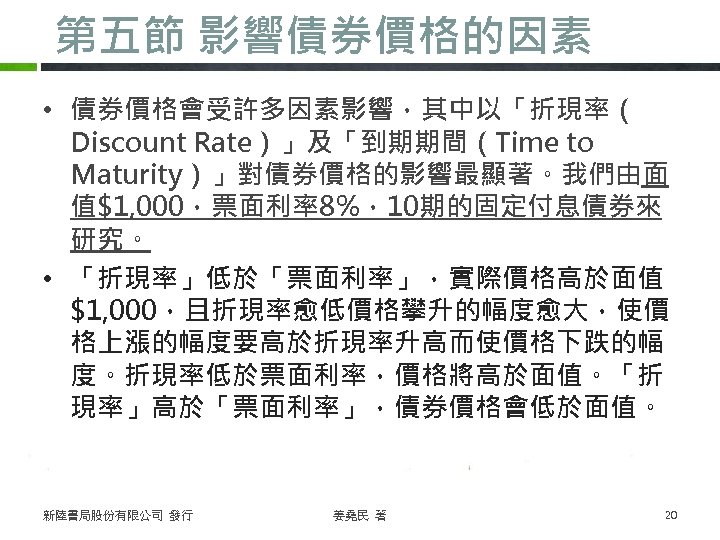 第五節 影響債券價格的因素 • 債券價格會受許多因素影響，其中以「折現率（ Discount Rate）」及「到期期間（Time to Maturity）」對債券價格的影響最顯著。我們由面 值$1, 000，票面利率8%，10期的固定付息債券來 研究。 • 「折現率」低於「票面利率」，實際價格高於面值 $1,