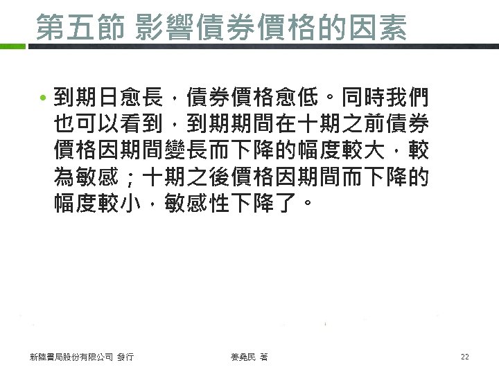 第五節 影響債券價格的因素 • 到期日愈長，債券價格愈低。同時我們 也可以看到，到期期間在十期之前債券 價格因期間變長而下降的幅度較大，較 為敏感；十期之後價格因期間而下降的 幅度較小，敏感性下降了。 新陸書局股份有限公司 發行 姜堯民 著 22 