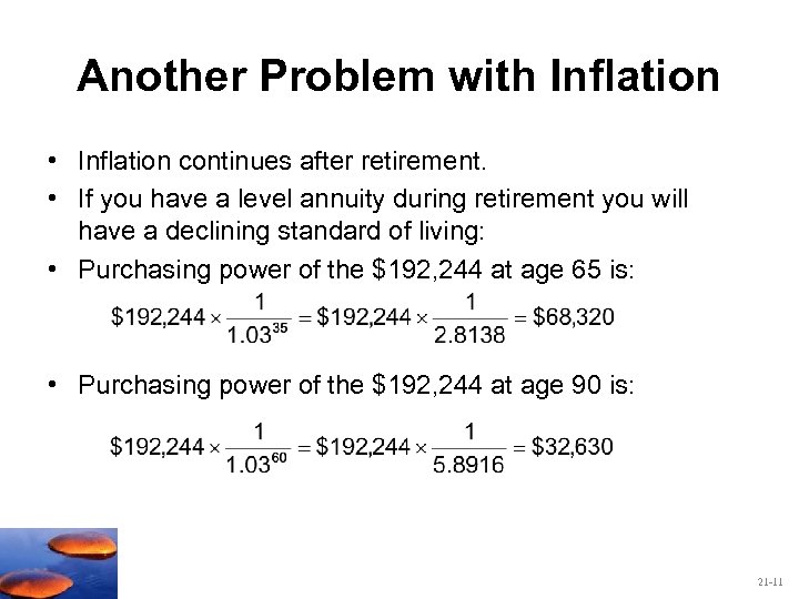 Another Problem with Inflation • Inflation continues after retirement. • If you have a