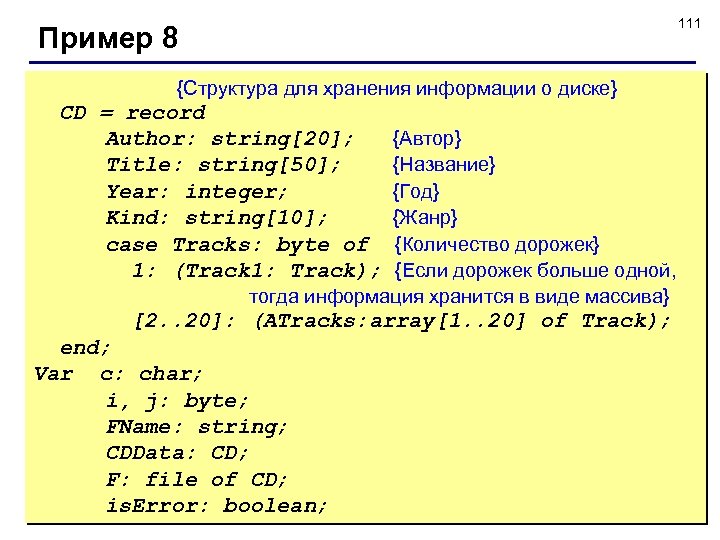 111 Пример 8 {Структура для хранения информации о диске} CD = record Author: string[20];