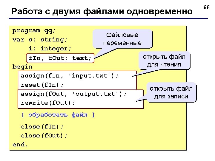 Работа с двумя файлами одновременно program qq; файловые var s: string; переменные i: integer;