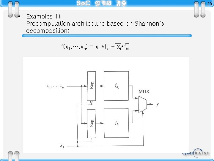29 • Examples 1) Precomputation architecture based on Shannon’s decomposition; f(x 1, …, xn)