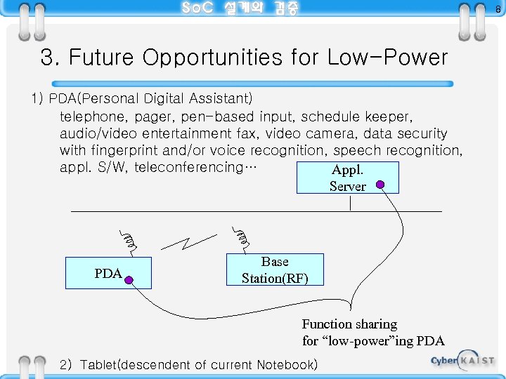 8 3. Future Opportunities for Low-Power 1) PDA(Personal Digital Assistant) telephone, pager, pen-based input,