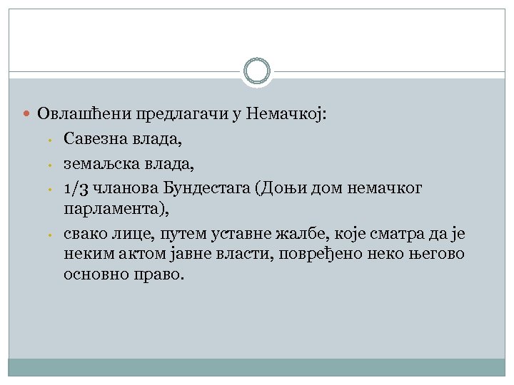  Овлашћени предлагачи у Немачкој: • • Савезна влада, земаљска влада, 1/3 чланова Бундестага