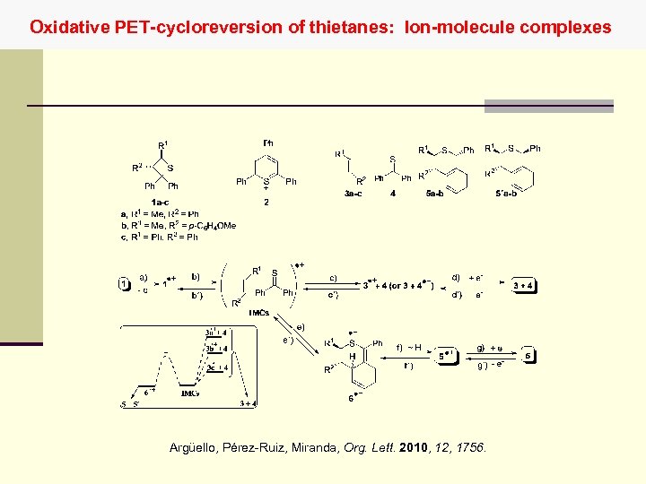 Oxidative PET-cycloreversion of thietanes: Ion-molecule complexes Argüello, Pérez-Ruiz, Miranda, Org. Lett. 2010, 12, 1756.