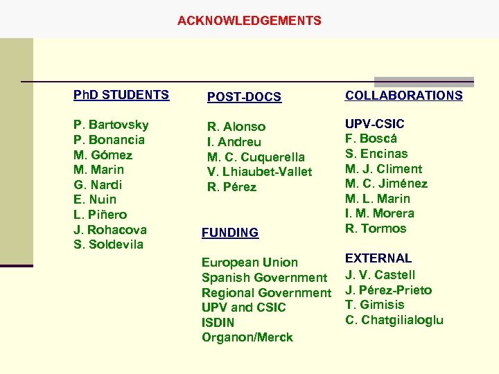ACKNOWLEDGEMENTS Ph. D STUDENTS POST-DOCS COLLABORATIONS P. Bartovsky P. Bonancia M. Gómez M. Marin