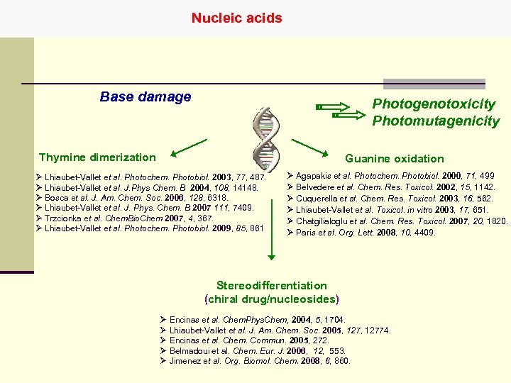 Nucleic acids Base damage Photogenotoxicity Photomutagenicity Thymine dimerization Guanine oxidation Ø Lhiaubet-Vallet et al.
