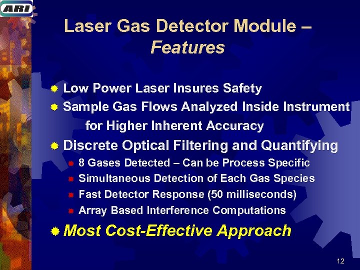 Laser Gas Detector Module – Features Low Power Laser Insures Safety ® Sample Gas