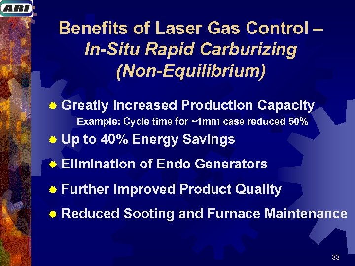 Benefits of Laser Gas Control – In-Situ Rapid Carburizing (Non-Equilibrium) ® Greatly Increased Production