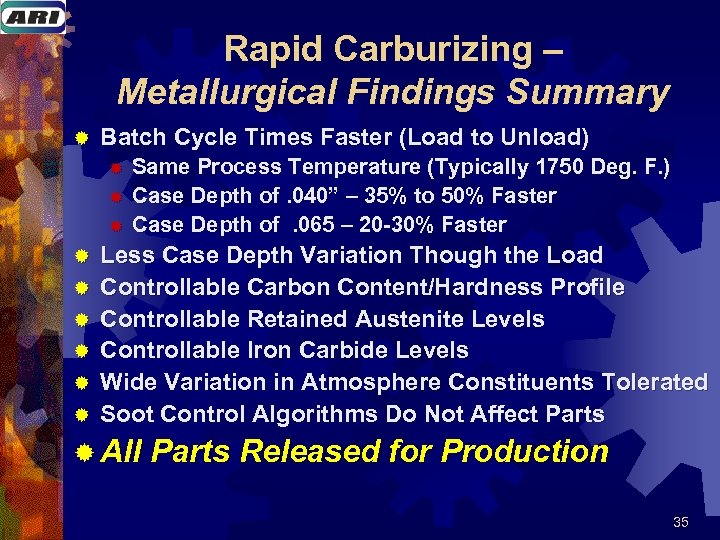 Rapid Carburizing – Metallurgical Findings Summary ® Batch Cycle Times Faster (Load to Unload)