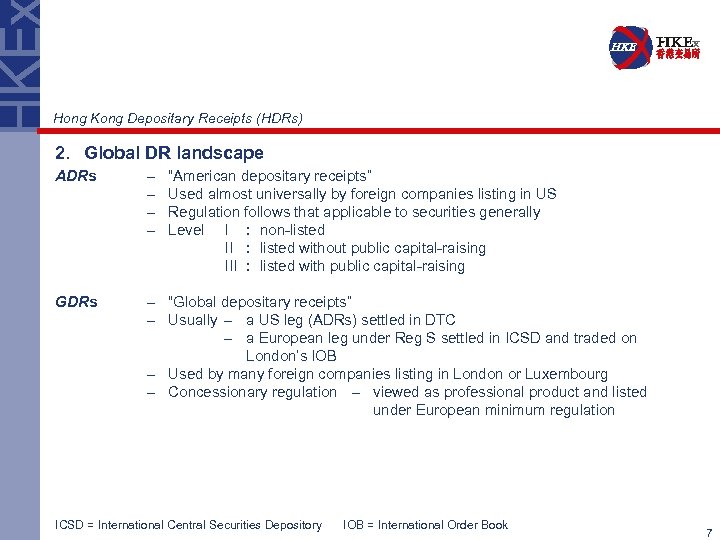 Hong Kong Depositary Receipts (HDRs) 2. Global DR landscape ADRs – – “American depositary