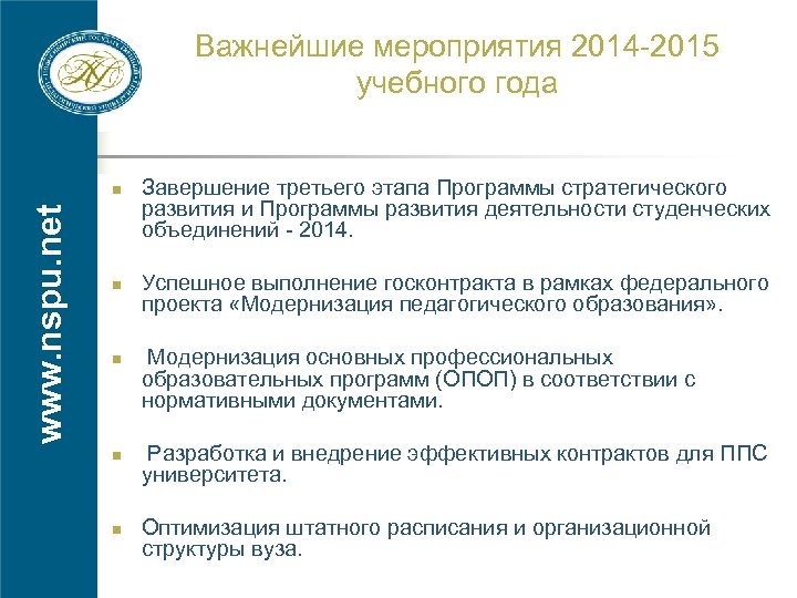 Важнейшие мероприятия 2014 -2015 учебного года www. nspu. net Завершение третьего этапа Программы стратегического