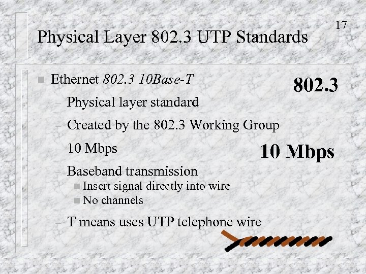Physical Layer 802. 3 UTP Standards n Ethernet 802. 3 10 Base-T 802. 3