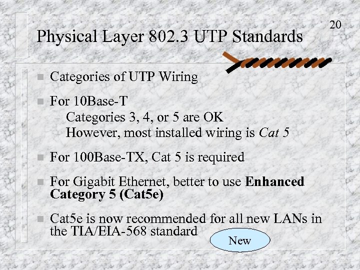 Physical Layer 802. 3 UTP Standards n Categories of UTP Wiring n For 10
